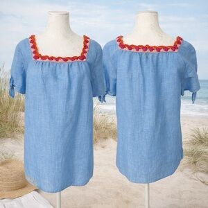 Talbots Chambray Blue Linen Blend Top Crochet Square Neck Boho Coastal Blouse M